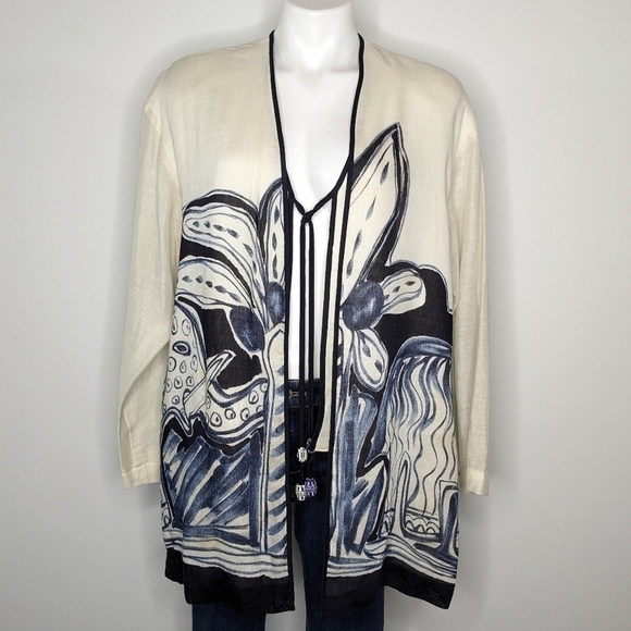 Vintage Jackets & Blazers - Vintage Dorothy Schoelen Platinum white blue tan tie closure cardigan jacket L
